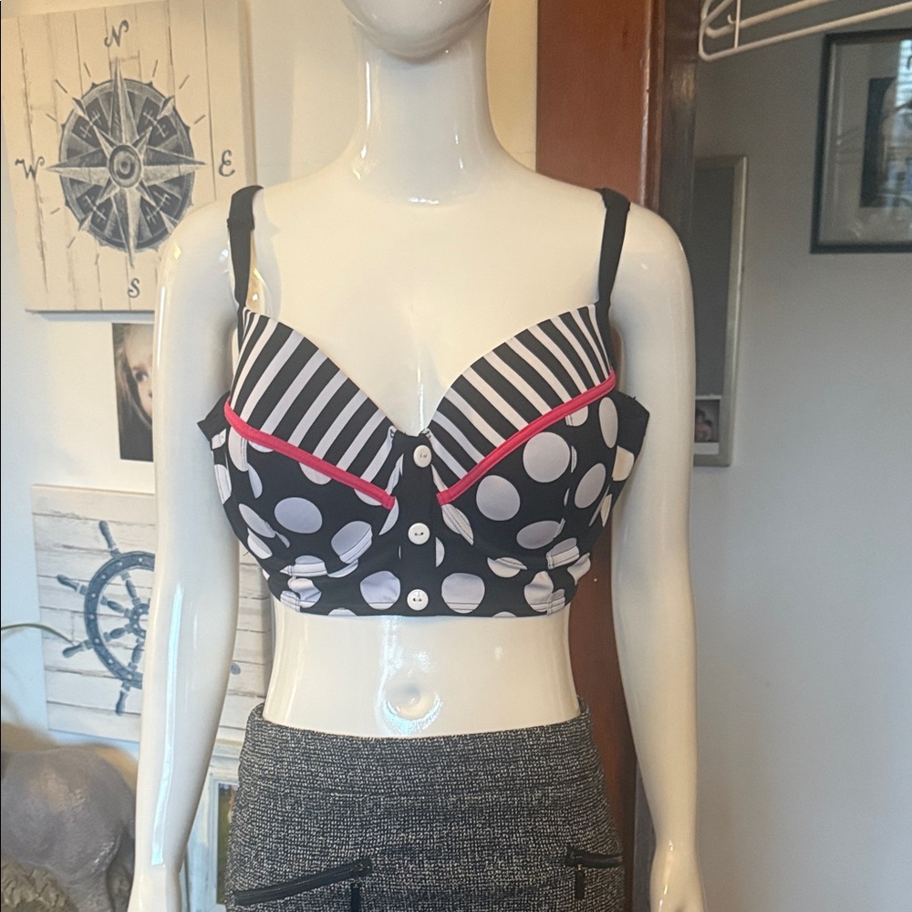 Cactus size 2xl Black and White Polka Dot Striped swim top Crop Top